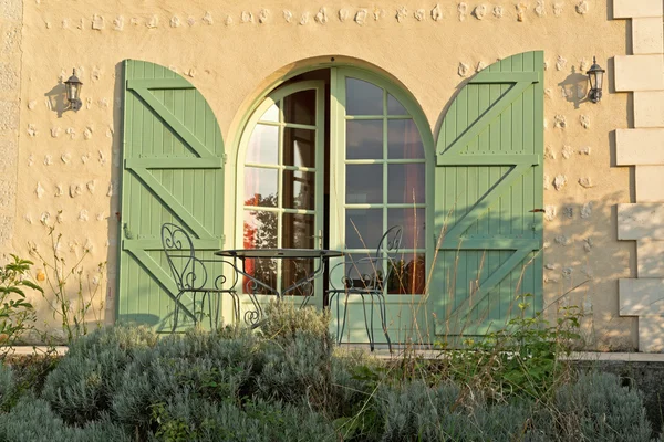 Välvd dörr med gröna fönsterluckor — Stockfoto