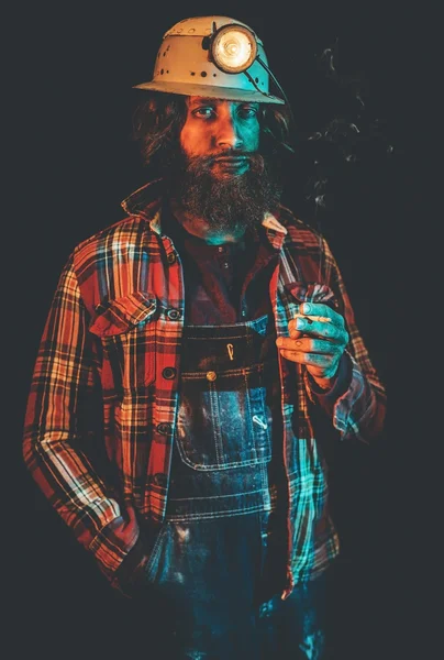 Male Miner Wearing Helmet Lamp — Stock Photo, Image