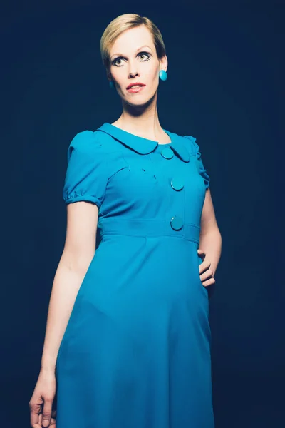 Woman Posing in Elegant Blue Dress — Stock Photo, Image