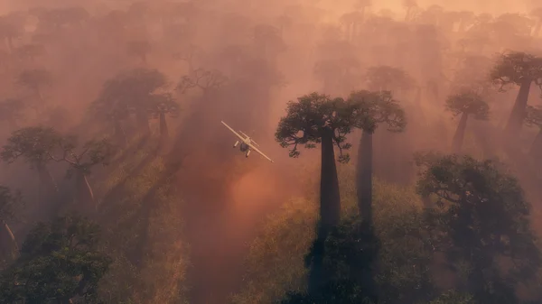 Flotador-avión volando a través de la niebla de la mañana — Foto de Stock