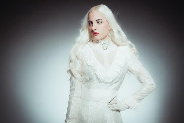 Woman with White Hair in white dress