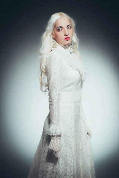 Woman with White Hair in white dress — Stock Photo, Image