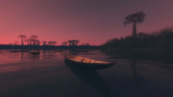 Piccola barca indigena su un lago al tramonto — Foto Stock