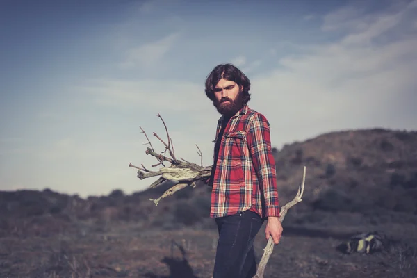 Man collecting firewood for cooking — Stock Photo, Image