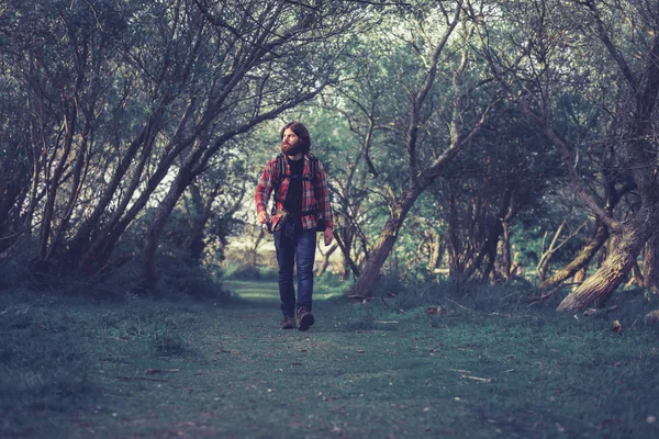 Backpacker walking through trees — 图库照片