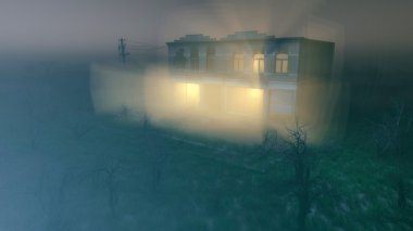 Double story house with lights and fog clipart