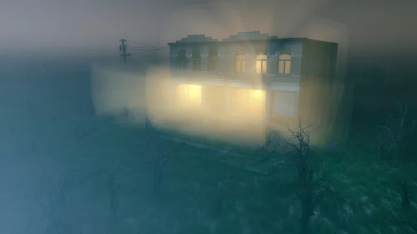 Double story house with lights and fog — Stock fotografie