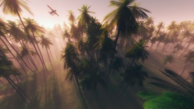 Tropikal palmiye ağaçlarının üzerinde uçan uçak