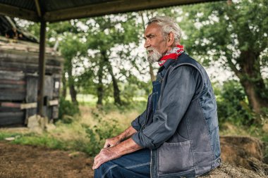 Elderly bearded farmer taking rest