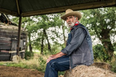 Elderly farmer sitting and waiting