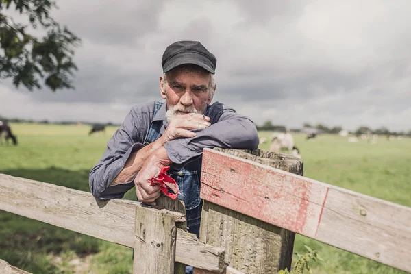 Senior farmer standing and smoking — Φωτογραφία Αρχείου