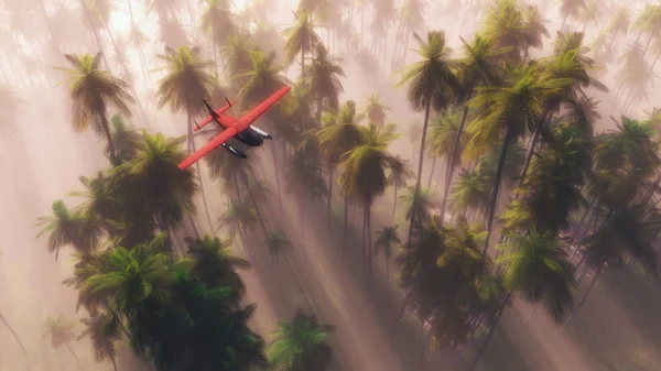 Літак літає над тропічними пальмами — стокове фото