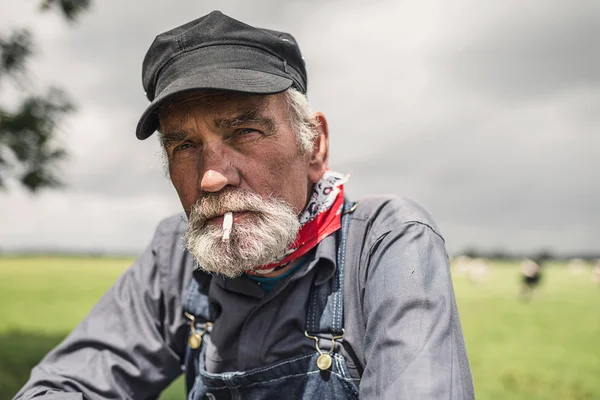 Anciano grizzled agricultor disfrutando de humo —  Fotos de Stock