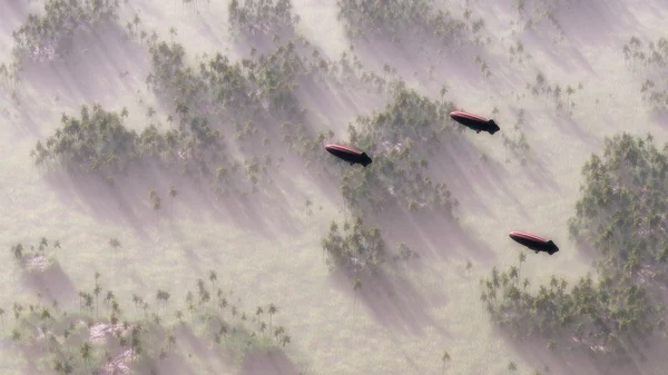 Trois dirigeables survolant une forêt brumeuse — Photo