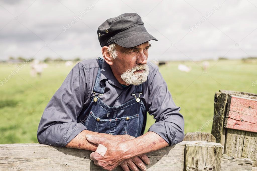 Elderly farmer surveying his farmland