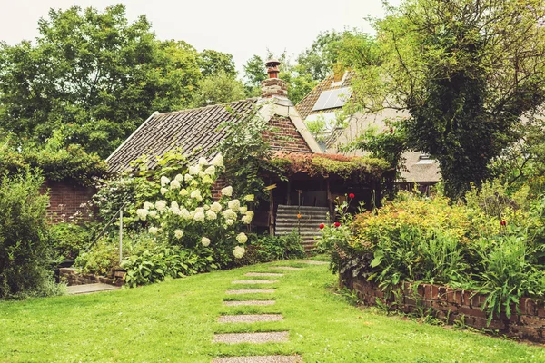 Privat trädgård med litet hus. — Stockfoto