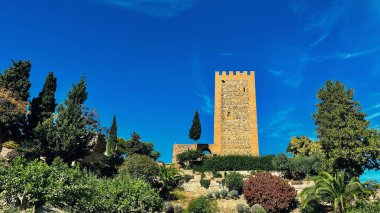 Ağaçlar ve mavi gökyüzünün altındaki diğer bitkiler arasındaki antik kale kulesi. Velez-Malaga, Malaga, İspanya.