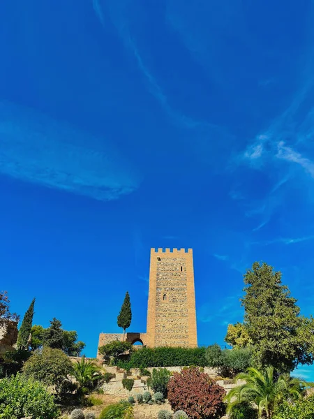 Ağaçlar ve mavi gökyüzünün altındaki diğer bitkiler arasındaki antik kale kulesi. Velez-Malaga, Malaga, İspanya.