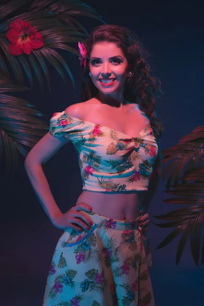 Tropical Flower Dress Pin-up Girl — Stock Photo, Image