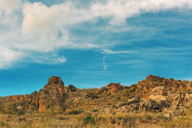 Biraz bitki örtüsü ve bulutlu mavi bir gökyüzünün altında ağaçlarla kaplı sert kayalık bir arazi. Huebro, Almerya, Endülüs, İspanya.