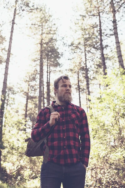 Turysta z brodą w lesie. — Zdjęcie stockowe