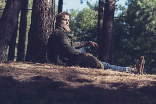 Hiker in forest sitting against tree. — Stock Photo, Image