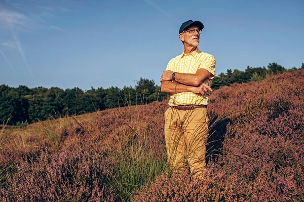 Man standing in summer heathland. — Stock Photo, Image