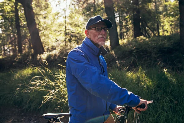 Homme retraité rétroéclairé debout dans la forêt — Photo