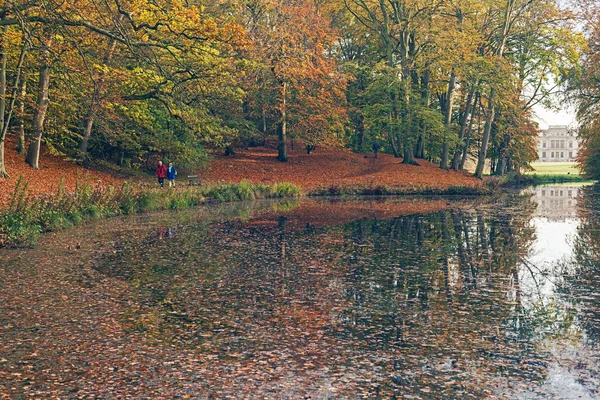 Estanque en el parque rodeado de árboles de otoño — Foto de Stock