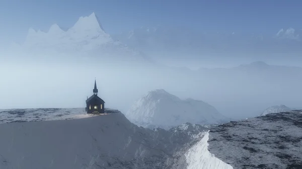 Chapel on hill in foggy mountain — Stock Fotó