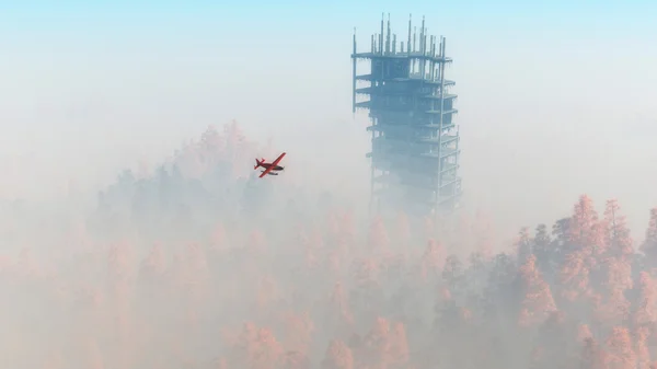 Afgebroken wolkenkrabber in mistige herfst bos — Stockfoto