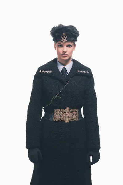 Vrouwelijke bewaker Russische kostuum dragen — Stockfoto