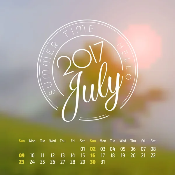 Vector calendar on abstract nature background. July 2017 — Stock Vector