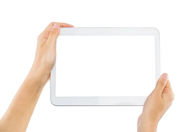Kvinnliga tonåring händer hålla generiska TabletPC, isolerade — Stockfoto