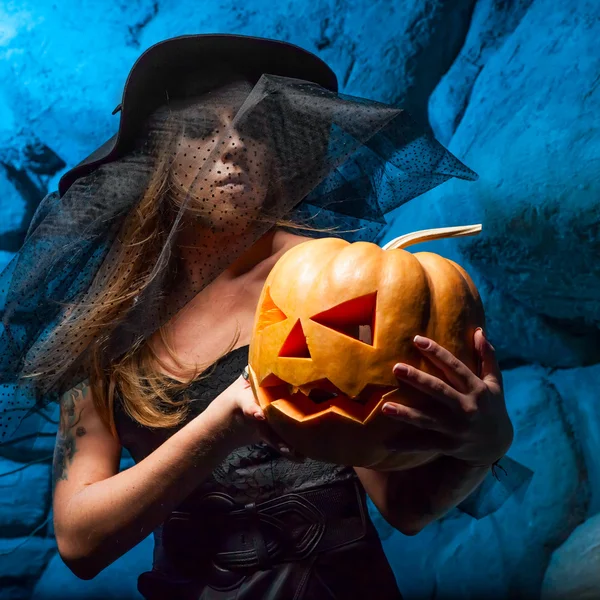 Halloween concept with young witch woman — Stock Photo, Image