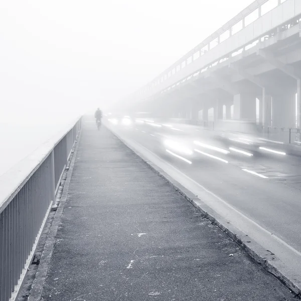 Pont de métro à Kiev dans le brouillard à l'aube — Photo