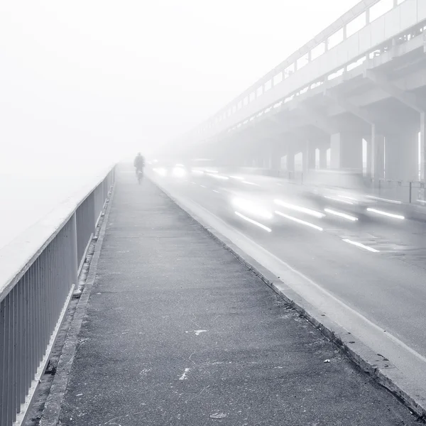 U-Bahn-Brücke in Kiew im Nebel im Morgengrauen — Stockfoto