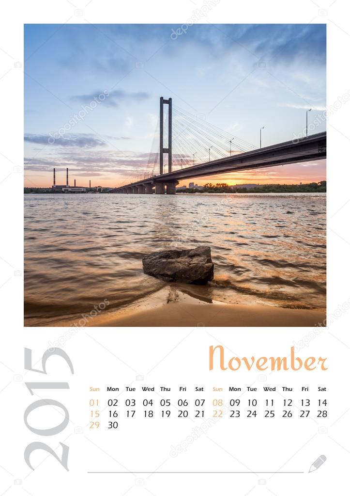 Photo calendar with minimalist cityscape and bridge 2015. November