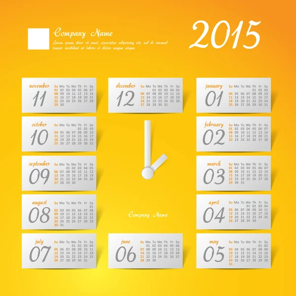 2015 rok vektorové kalendář stylizované hodiny pro podnikání nástěnný kalendář — Stockový vektor