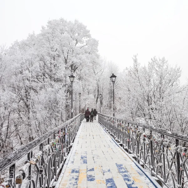 Winter stadspark. liefhebbers brug in kiev. Oekraïne. — Stockfoto