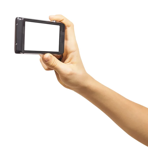 Kompaktowy aparat fotograficzny w ręku na białym tle — Zdjęcie stockowe