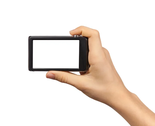 Compacte fotocamera in hand geïsoleerd op witte achtergrond — Stockfoto