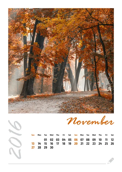 Photo calendar with beautiful minimalist landscape 2016. Novembe — Stock Photo, Image