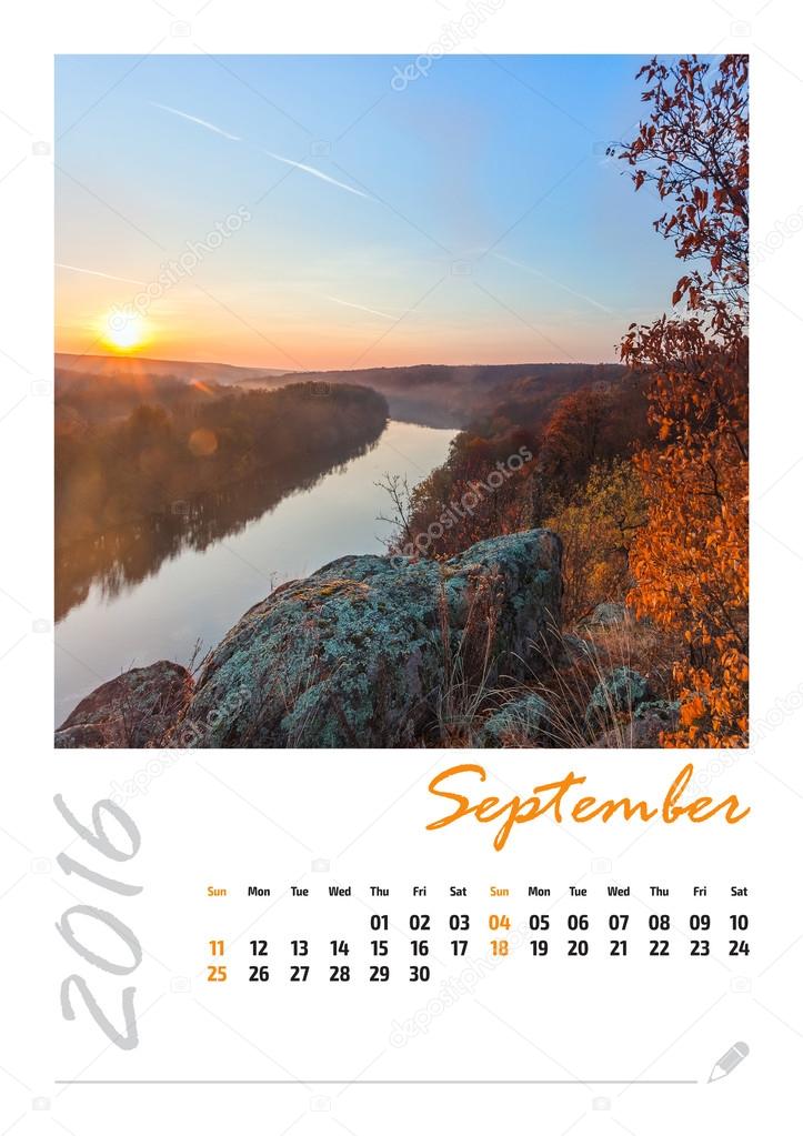 Photo calendar with beautiful minimalist landscape 2016. Septemb