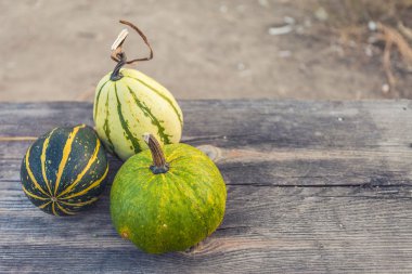 Sığ derinlik o ile ahşap tahta üzerinde yapraklar ile sonbahar kabaklar
