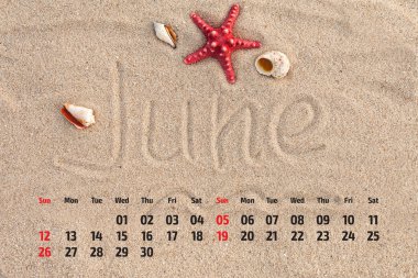 Photo calendar with starfish and seashells on sand beach. June clipart