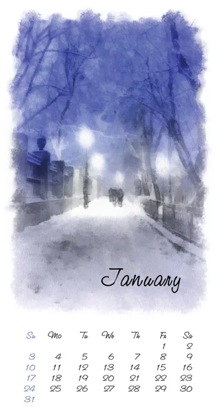 Målning kalender med vackra landskap. Januari 2016 — Stockfoto