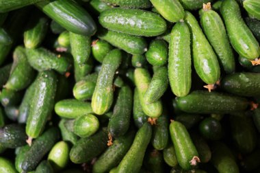 Mağazadaki tezgahta bir sürü salatalığın fotoğrafı var.