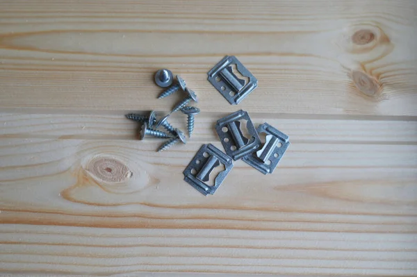 Photo Fastening Screws Wood Background — Stock Photo, Image