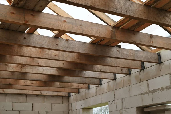 Ceiling construction concept. Photo of the floor in an unfinished house.